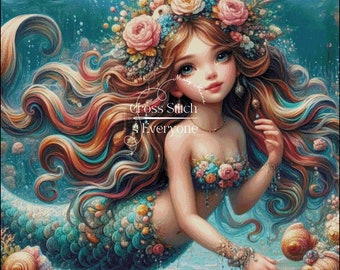 Young mermaid girl fantasy counted cross stitch pattern digital pdf