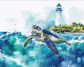 Sea turtle and lighthouse ocean waves counted cross stitch pattern digital pdf