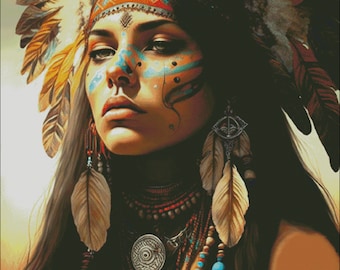Native American woman maiden with head dress counted cross stitch pattern digital pdf