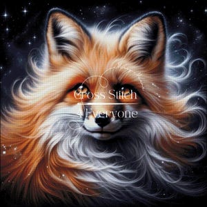 Könnte beinhalten: Digitales Kunstbild eines Fuchses mit orangefarbenem und weißem Fell vor einem dunklen Sternenhintergrund. Die Augen des Fuchses sind warm orange, und das Bild enthält den Text "Cross Stitch 4 Everyone".