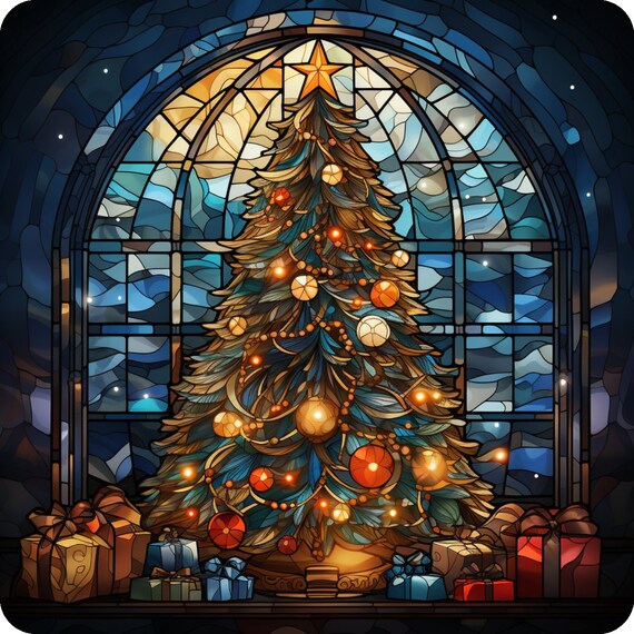 ステンドグラス風クリスマスツリーのクロスステッチ図案（デジタルPDF