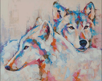 Abstract wolves colorful wolf pair wildlife animal counted cross stitch pattern pdf