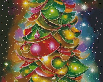 Christmas tree with ornaments holiday counted cross stitch pattern digital pdf