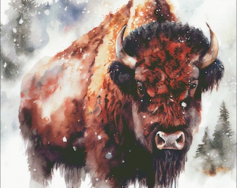 A snowy bison winter scene buffalo wildlife counted cross stitch pattern digital pdf