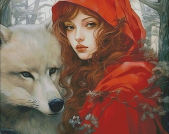 Wolf and Woman red cape counted cross stitch pattern digital pdf download