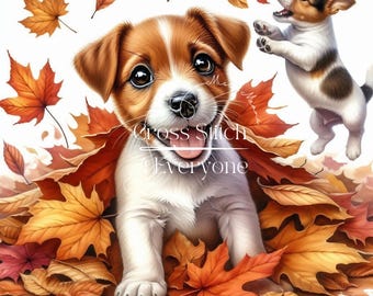 JACK RUSSELL puppies in autumn leaves Cross Stitch Pattern:  (Digital PDF)