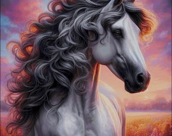 Dapple Gray Horse Cross Stitch Pattern: Sunset Landscape (Digital PDF)