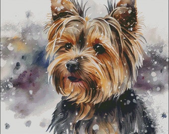 Yorkshire terrier dog yorkie christmas winter scene counted cross stitch pattern digital pdf