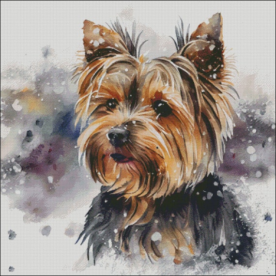 ヨークシャーテリア犬ヨーキーのクリスマス冬景色クロスステッチ
