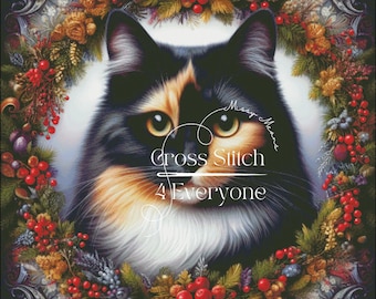 A black orange and white calico cat with wreath  counted cross stitch pattern digital pdf