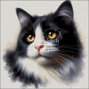 Könnte beinhalten: Ein Aquarellporträt einer Katze mit schwarz-weißem Fell und leuchtend gelben Augen. Das Bild enthält den Text "Cross Stitch 4 Everyone" und die Signatur des Künstlers. Das Fell der Katze ist detailliert, und der Gesamtstil ist weich und künstlerisch.