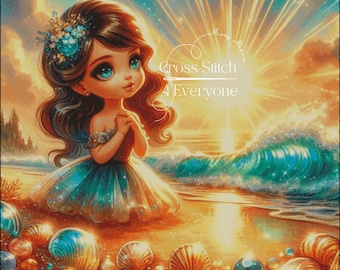 Sunset Beach Girl Cross Stitch Pattern: Seashells, Ocean Waves (Digital PDF)