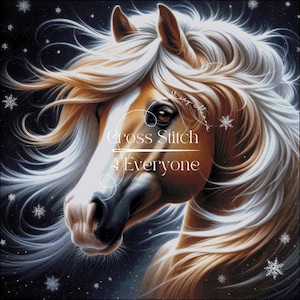 May include: Digital artwork of a horse's head, featuring a flowing white and tan mane. The horse has a tan face with a white stripe. The image includes the text "Cross Stitch 4 Everyone" and snowflake details.