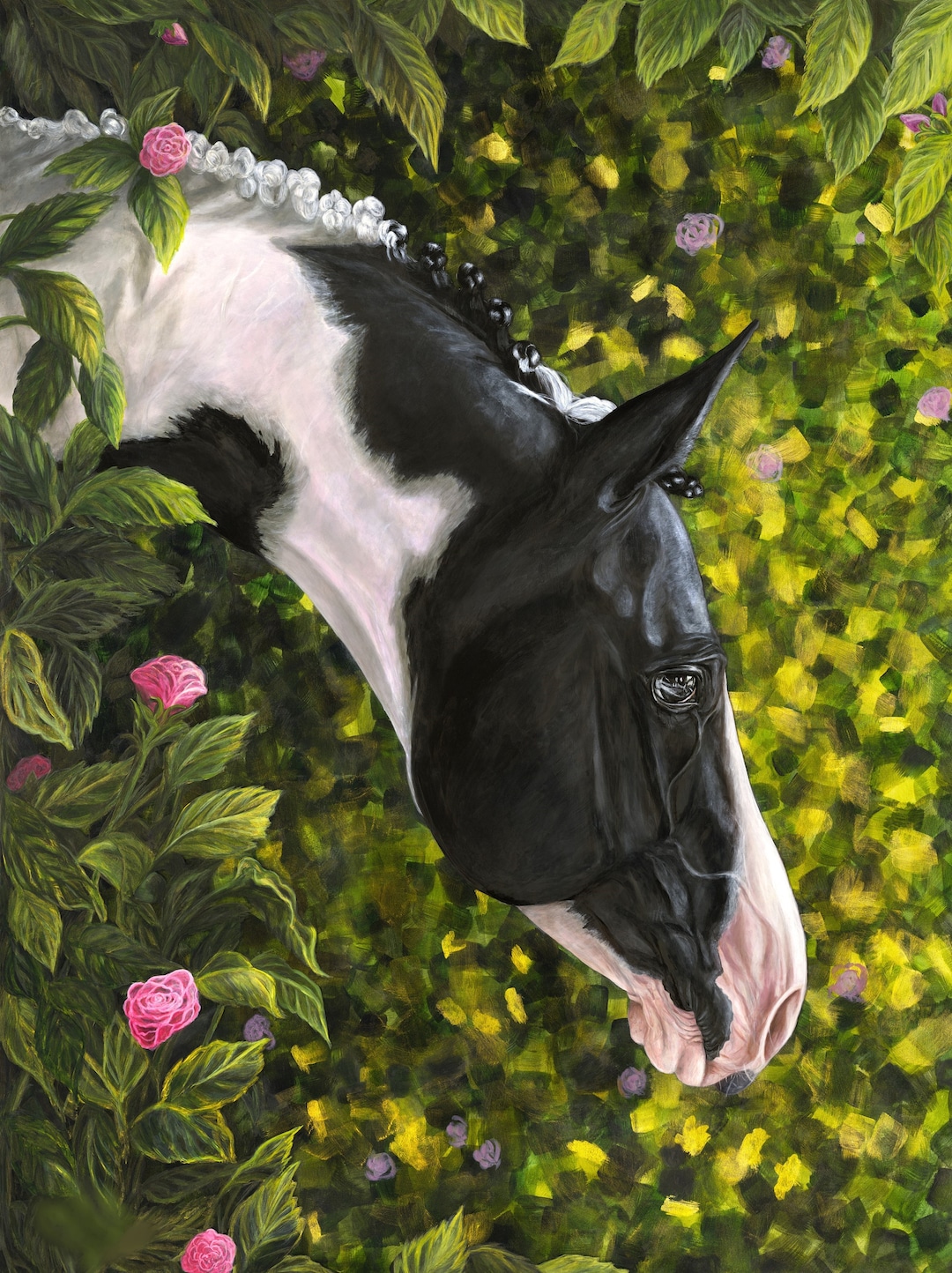 Black and White Pinto Horse Paint With Flowers Counted Cross Stitch