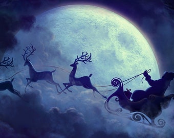 Santa claus in flight sleigh reindeer counted cross stitch pattern PDF