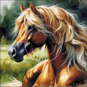 May include: A detailed painting of a horse's head and upper body. The horse has a light brown coat, a black muzzle, and a flowing, light blonde mane. The background features green foliage and a blurred sky. The image has text that reads "Cross Stitch 4 Everyone".