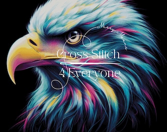 A colorful bald eagle neon colors counted cross stitch pattern digital pdf