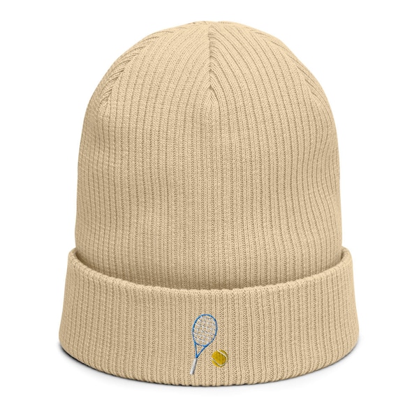 Organic ribbed beanie embroidered with Tennis racket