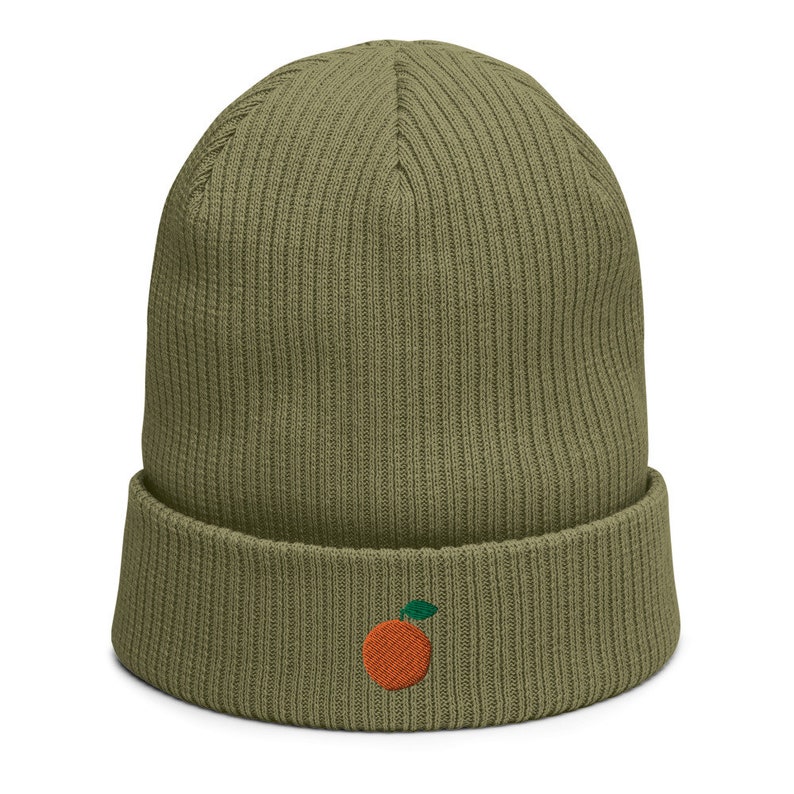 Organic ribbed beanie embroidered with Orange Olive Green