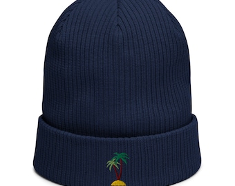 Organic ribbed beanie embroidered with Palm Island