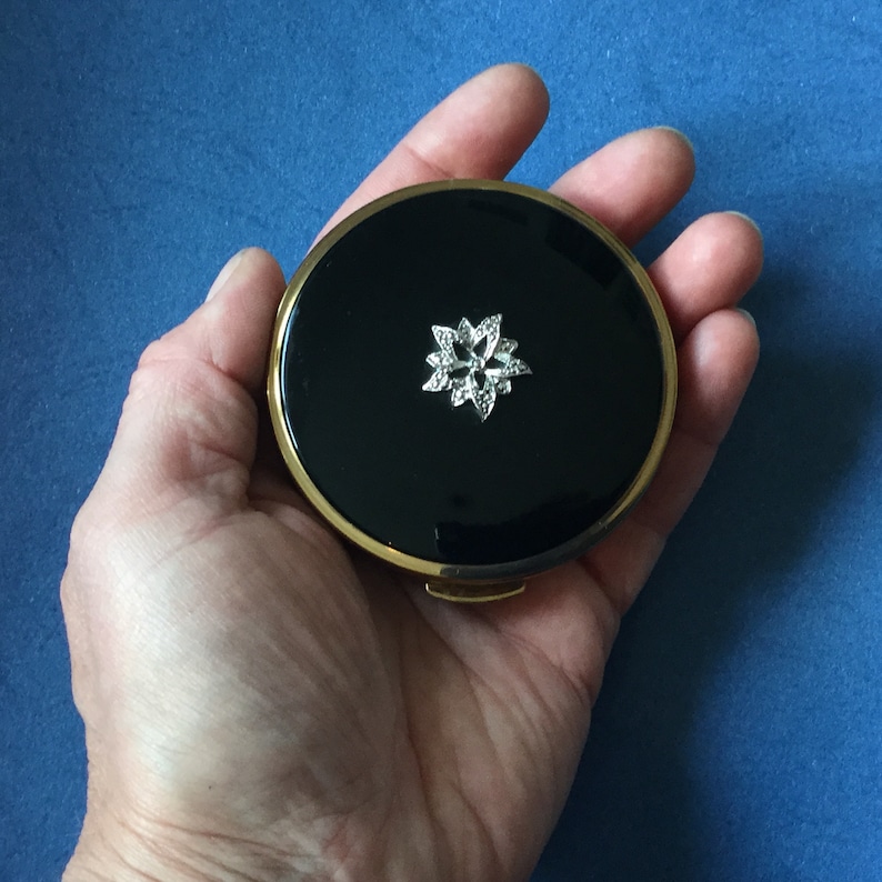Black Enamel with Marcasite from 1950s Vintage Mimosa Powder Compact by Kigu