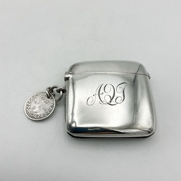 Antique Sterling Silver Vesta Case, Solid Silver Match Safe, Threepence, Antique Match Holder