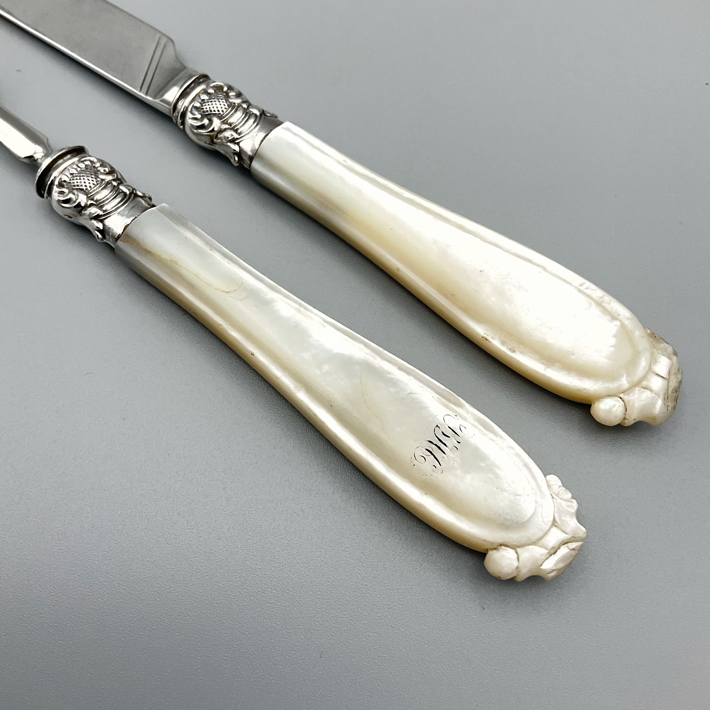 Antique Silver Knife and Fork, Victorian 1849 Hallmark, Travelling Cutlery,  Sterling Silver Blade, Mother of Pearl Handle, Campaign Cutlery 