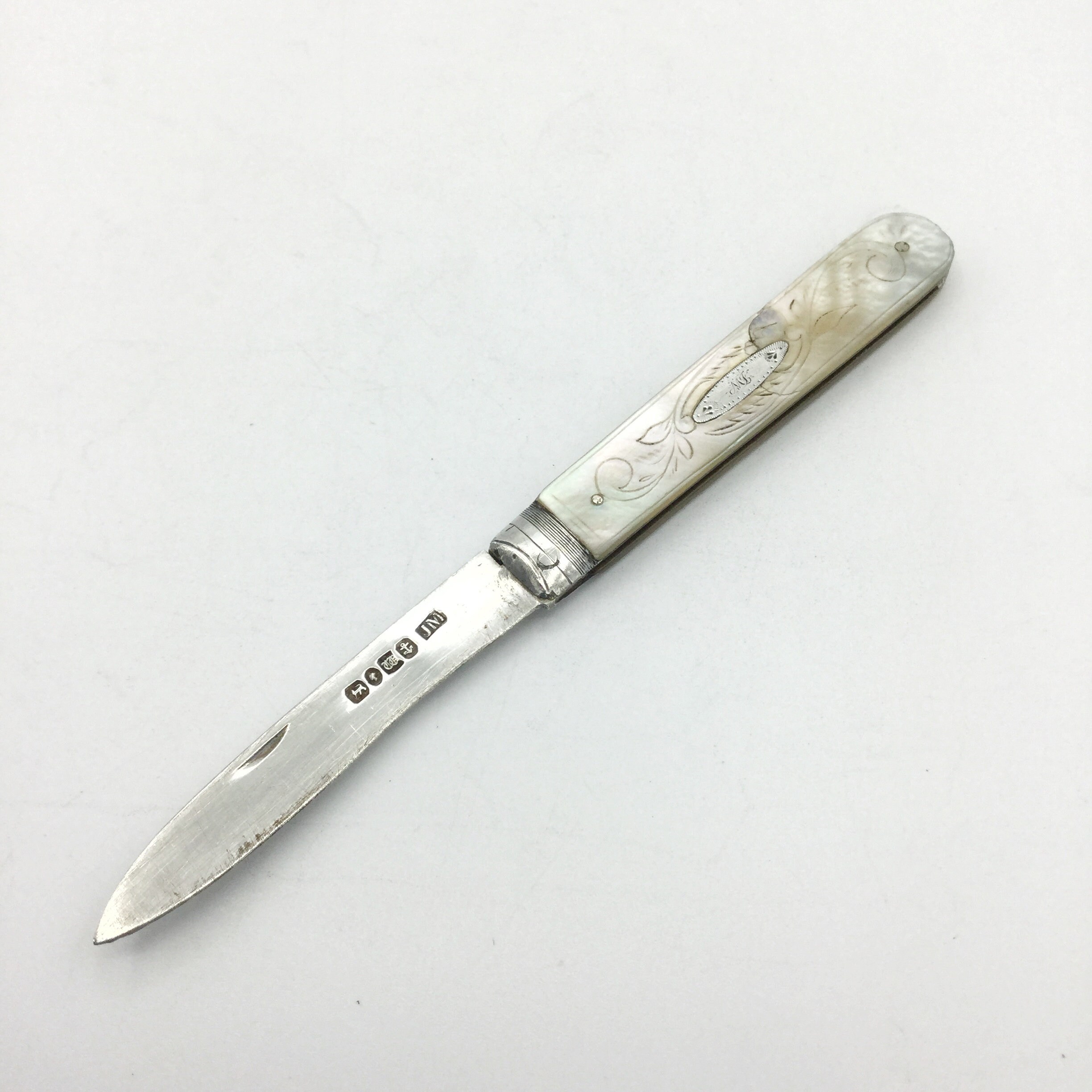 Victorian Folding Fruit Knife Mother of Pearl Handle Antique Sterling