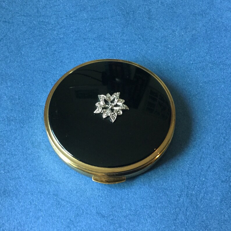 Black Enamel with Marcasite from 1950s Vintage Mimosa Powder Compact by Kigu