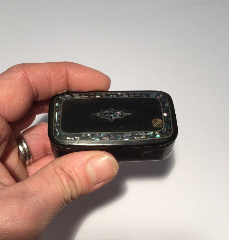 Black Lacquer Trinket Box Papier Mache with Abalone Inlay Antique Victorian Snuff Box