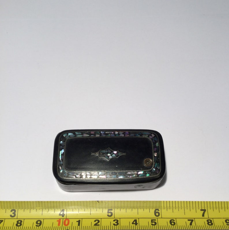 Black Lacquer Trinket Box Papier Mache with Abalone Inlay Antique Victorian Snuff Box