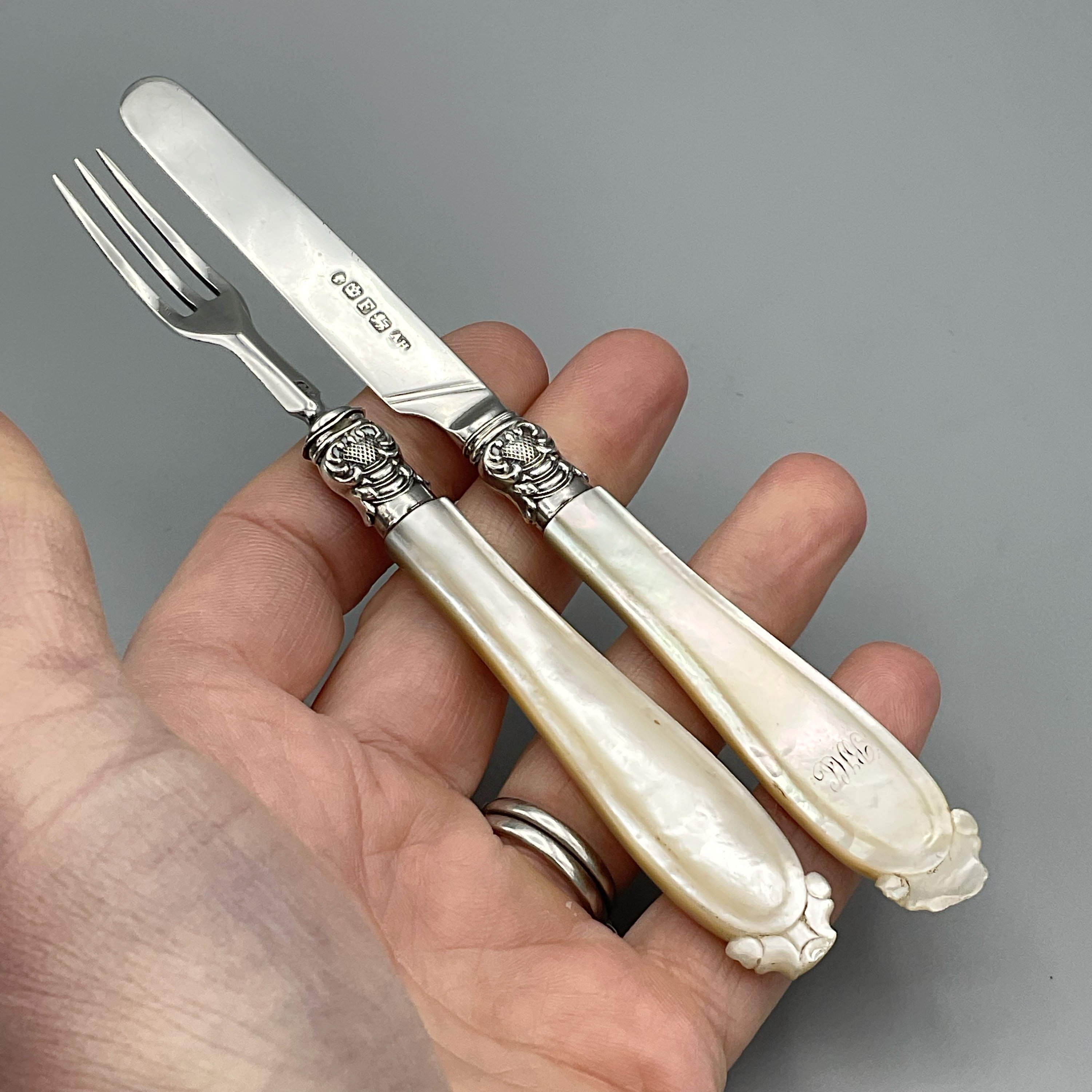 Antique Silver Knife and Fork, Victorian 1849 Hallmark, Travelling Cutlery,  Sterling Silver Blade, Mother of Pearl Handle, Campaign Cutlery 