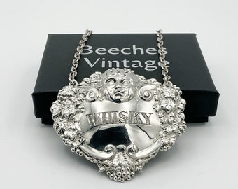 Vintage 1960s Cherub Sterling Silver Whisky Decanter Label, Solid Silver Decanter Tag, Vintage Barware, Anniversary Gift