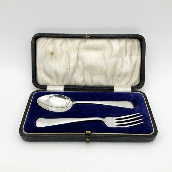 1920s Sterling Silver Spoon and Fork Set, Christening Gift, 1920s Hallmarks, Sterling Silver Cutlery, Boxed Set, Baby Gift