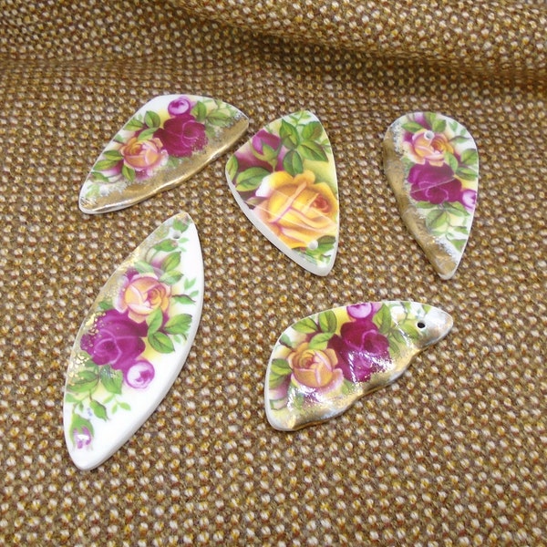 5 x Old English Rose Porcelain Drilled Cabochons -  23g of Vintage Floral Cabs, Yellow, Pink & Purple, Crafting FREE WORLDWIDE DELIVERY 3639