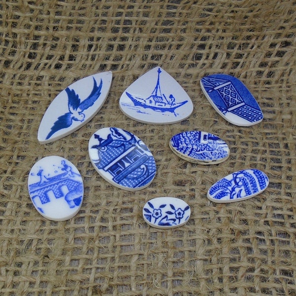 8 x Large Old Willow Vintage Porcelain Cabs - 18g Various Sizes, Blue & White, Birds, Boats, Upcycled China - FREE WORLDWIDE DELIVERY 3691