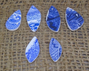 6 x Old Willow Vintage Porcelain Drilled Cabochons -  12g Various Shapes, Sizes, Blue & White, Upcycled - FREE WORLDWIDE DELIVERY 3696