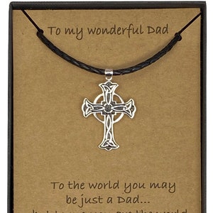 To My Wonderful Dad Large Celtic Cross Pendant on a Black Leather 22&quot; Necklace With Card Message & Gift Box