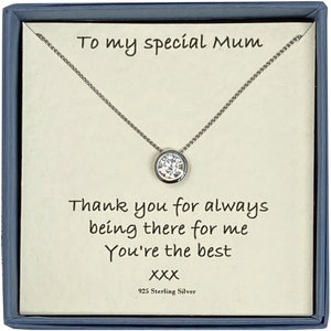 To My Special Mum - Collar solitario de plata de ley con circonita cúbica de 1 quilate, mensaje de tarjeta y caja de regalo