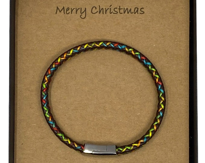 Merry Christmas Men's Leather Plaited And Cotton Braid Multicoloured Bracelet With Card Message & Gift Box