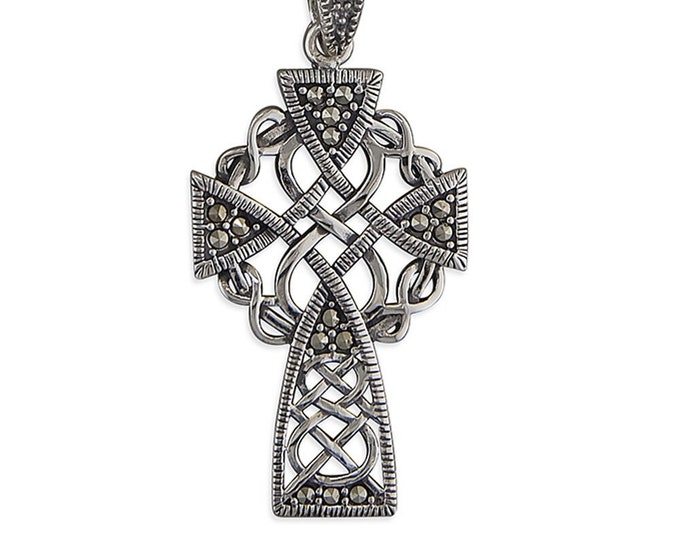 Ladies Sterling Silver Oxidised Celtic Cross Pendant With Marcasite Stone Inserts