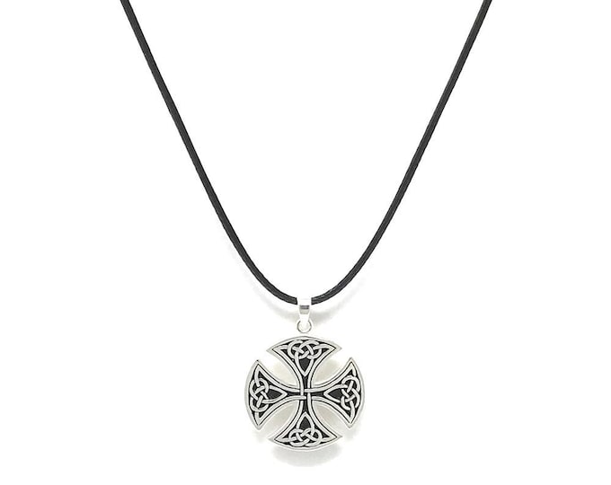 Strictly Gifts Large Round Sterling Silver Celtic Cross on 41-46cm Leatherette Cord Necklace