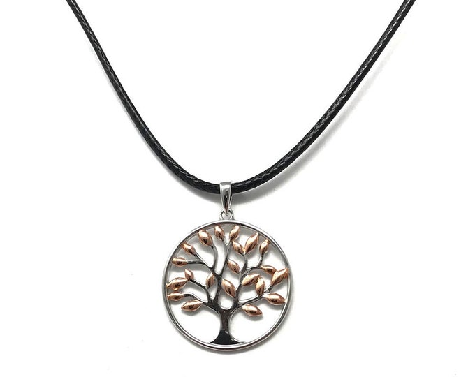 Ladies Sterling Silver Tree of Life Pendant with Rose Gold Plated Leaves on 41-46cm Leatherette Cord Necklace