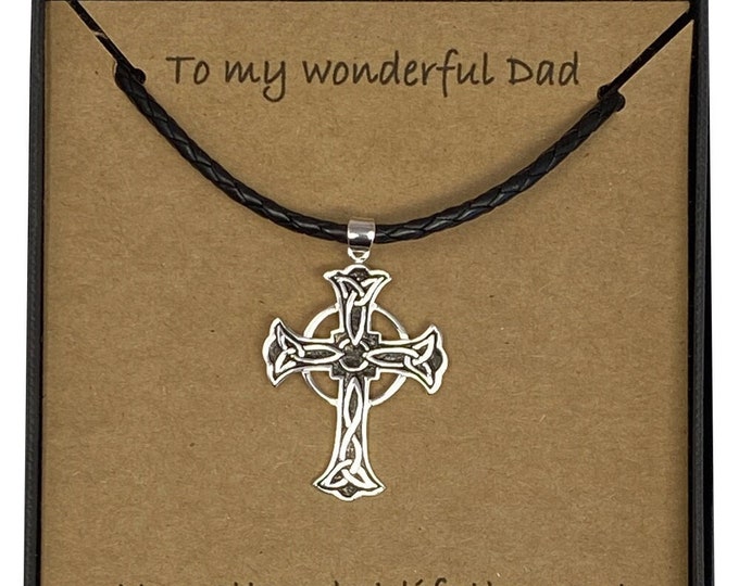 To My Wonderful Dad Large Celtic Cross Pendant on a Black Leather 22" Necklace With Card Message & Gift Box