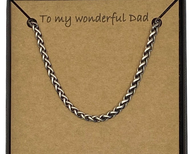 To My Wonderful Dad Oxidised Sterling Silver Detailed Wheat Weave Chain Necklace 51cm with Card Message & Gift Box