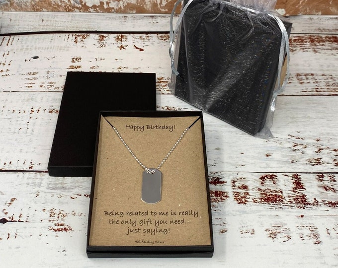 Happy Birthday Men's Sterling Silver Dog Tag Necklace Pendant on 51cm Bead Chain with Card Message & Gift Box