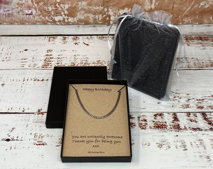 Happy Birthday Men's Oxidised Sterling Silver Curb Link Chain Necklace 51cm with Card Message & Gift Box