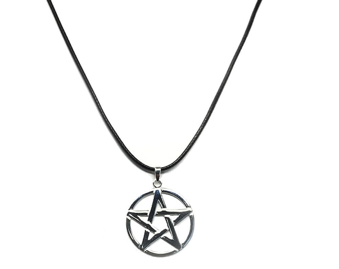 Sterling Silver Pentacle Pendant on 41-46 cm Leatherette Necklace