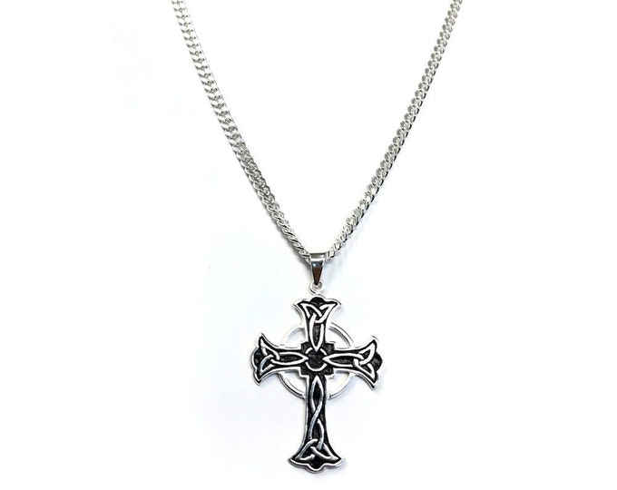 Men's Large Celtic Cross Pendant on 60 cm Heavy Diamond-cut Curb Chain - 925 Sterling Silver