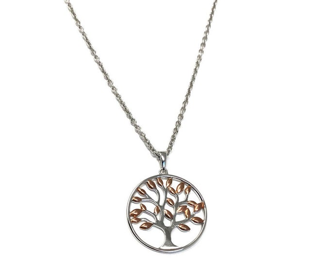 Ladies Sterling Silver Tree of Life Pendant with Rose Gold Plated Leaves on 46cm Oxidised Silver Necklace Chain